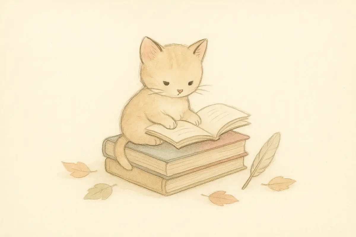 Illustration aquarelle d'un chaton lisant un livre, grammaire CE1 le determinant