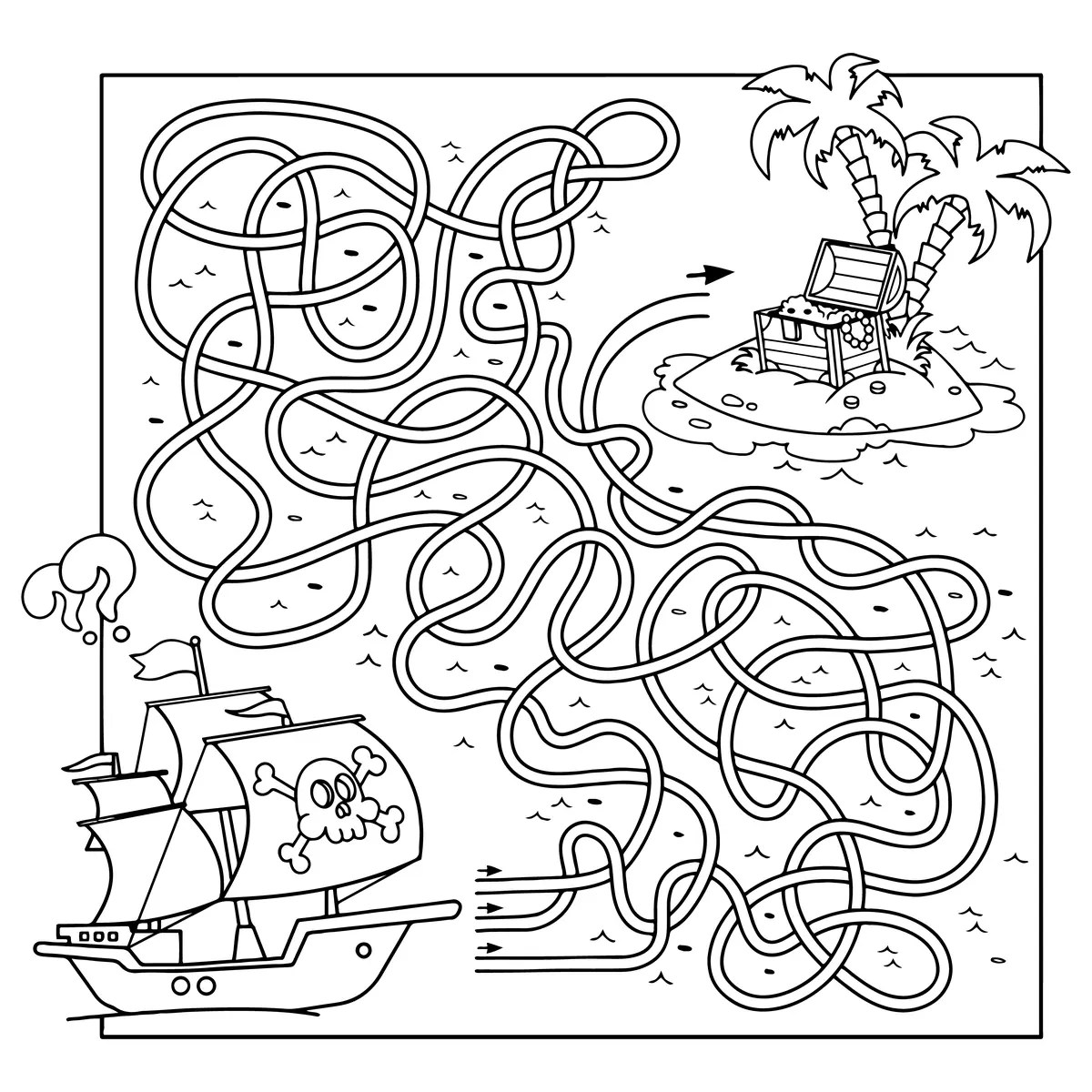 Labyrinthe bateau pirate noir tete de mort vers ile au tresor avec palmiers a imprimer