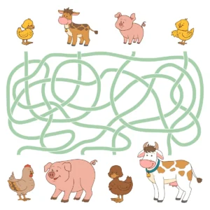 Labyrinthe en couleur quatre bébés animaux ferme rejoignent leurs mamans à imprimer
