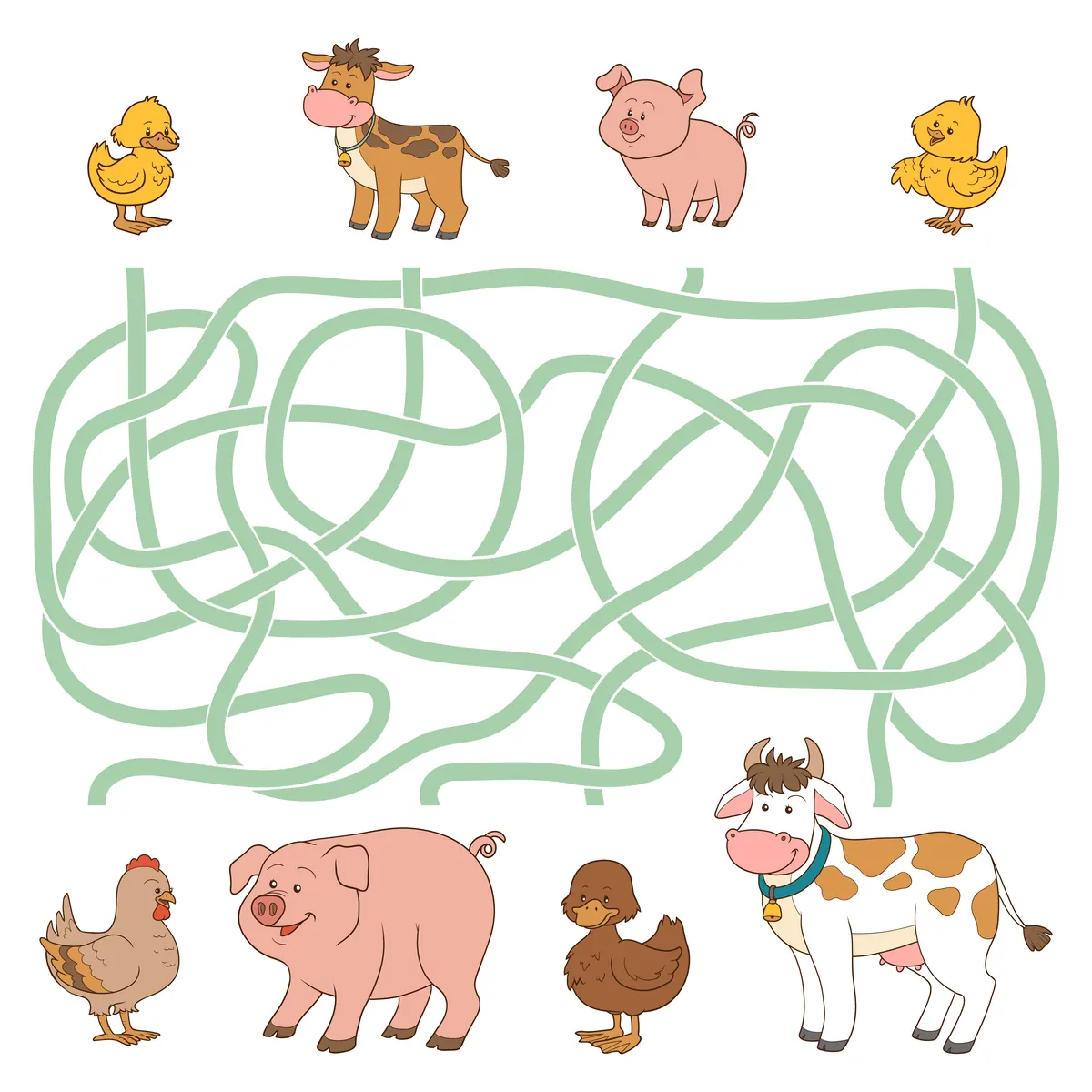 Labyrinthe en couleur quatre bébés animaux ferme rejoignent leurs mamans à imprimer