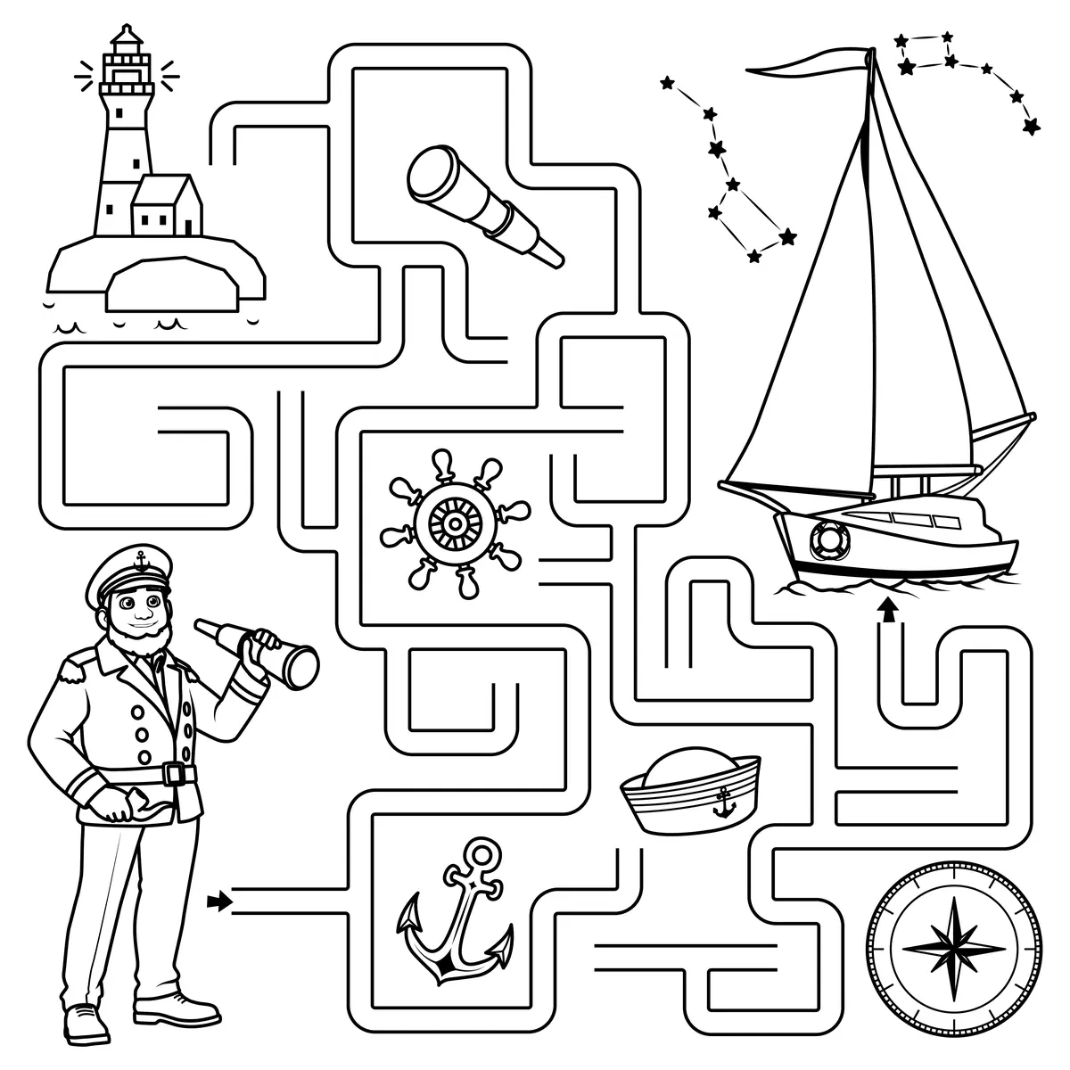 Labyrinthe marin capitaine longue vue voilier phare ancre boussole a imprimer