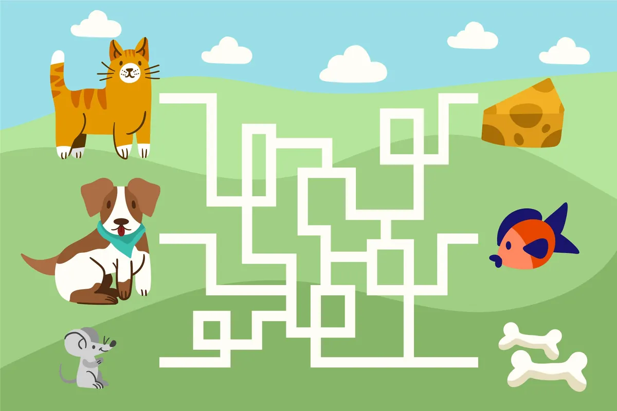 Labyrinthe en couleur chat chien et souris qui cherchent fromage poisson ou os à imprimer