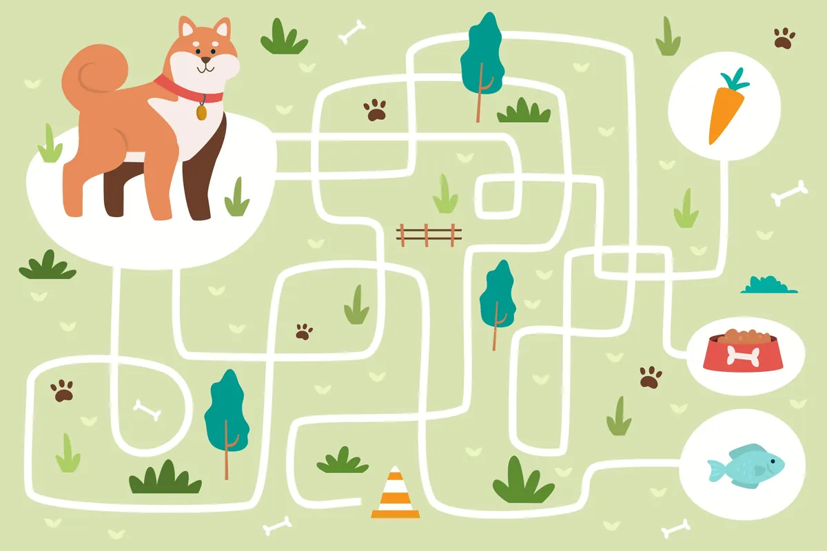 Labyrinthe en couleur chien shiba doit choisir entre carotte gamelle ou poisson à imprimer