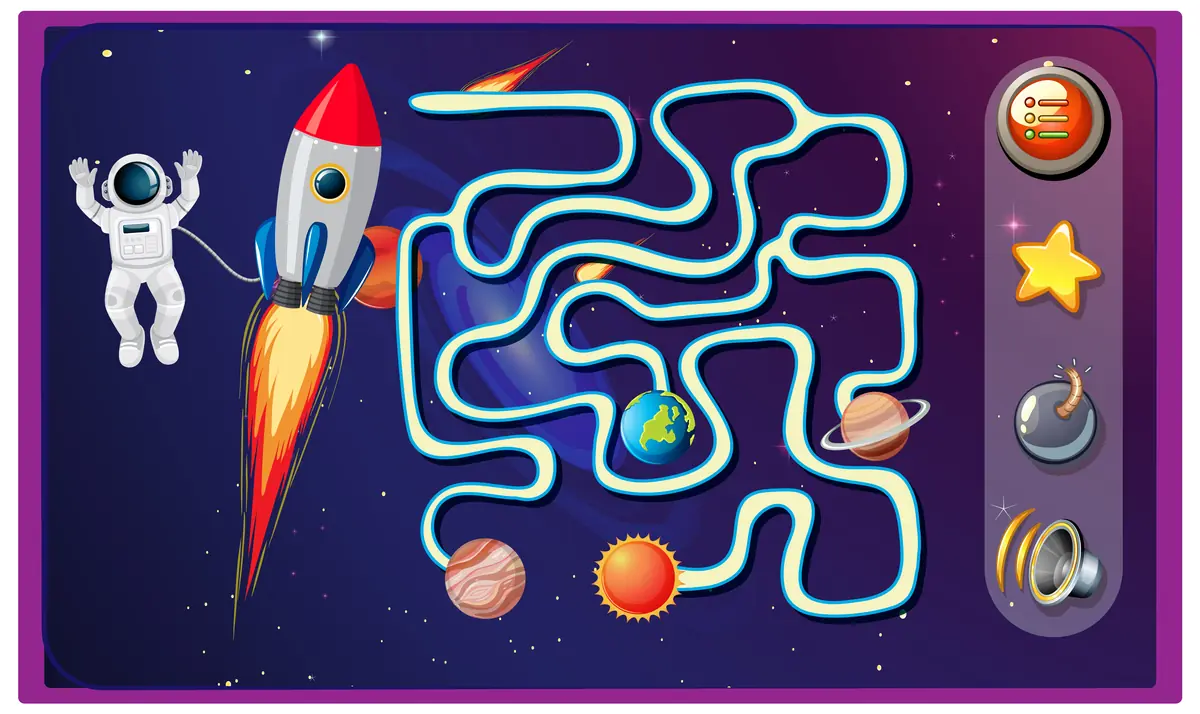 Labyrinthe espace astronaute fusee Terre Mars et Saturne a imprimer