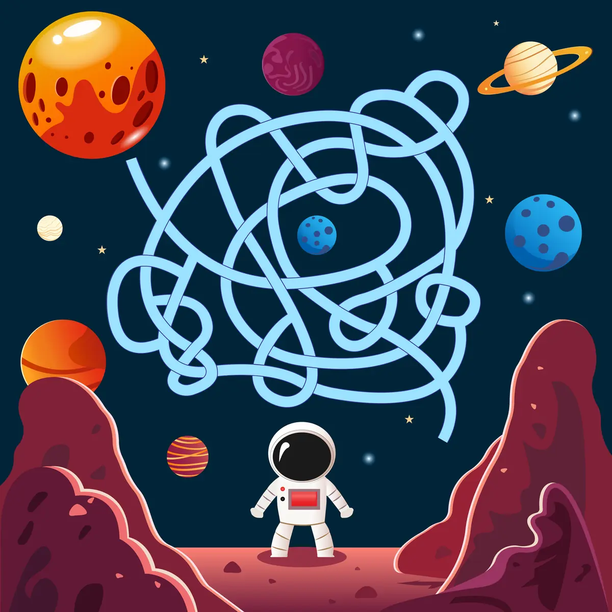 Labyrinthe espace astronaute paysage planete rouge montagnes et planetes a imprimer