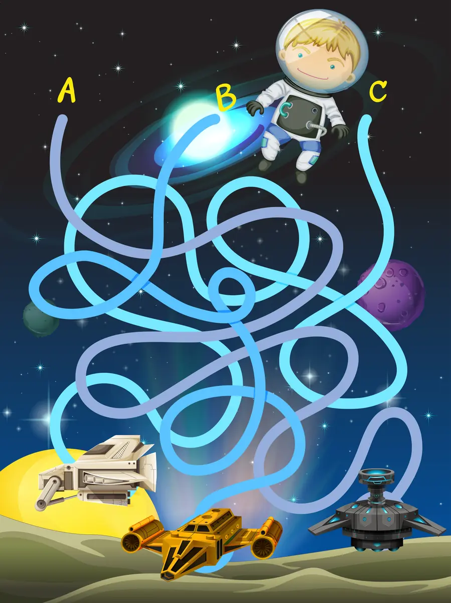 Labyrinthe espace astronaute enfant trouve son vaisseau parmi trois choix a imprimer