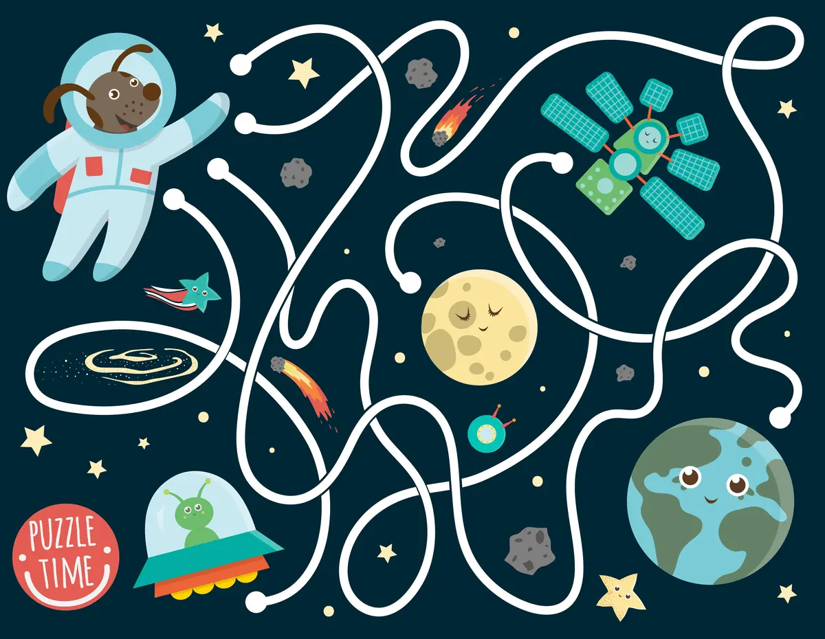 Labyrinthe espace chien astronaute station spatiale Terre Lune ovni alien a imprimer