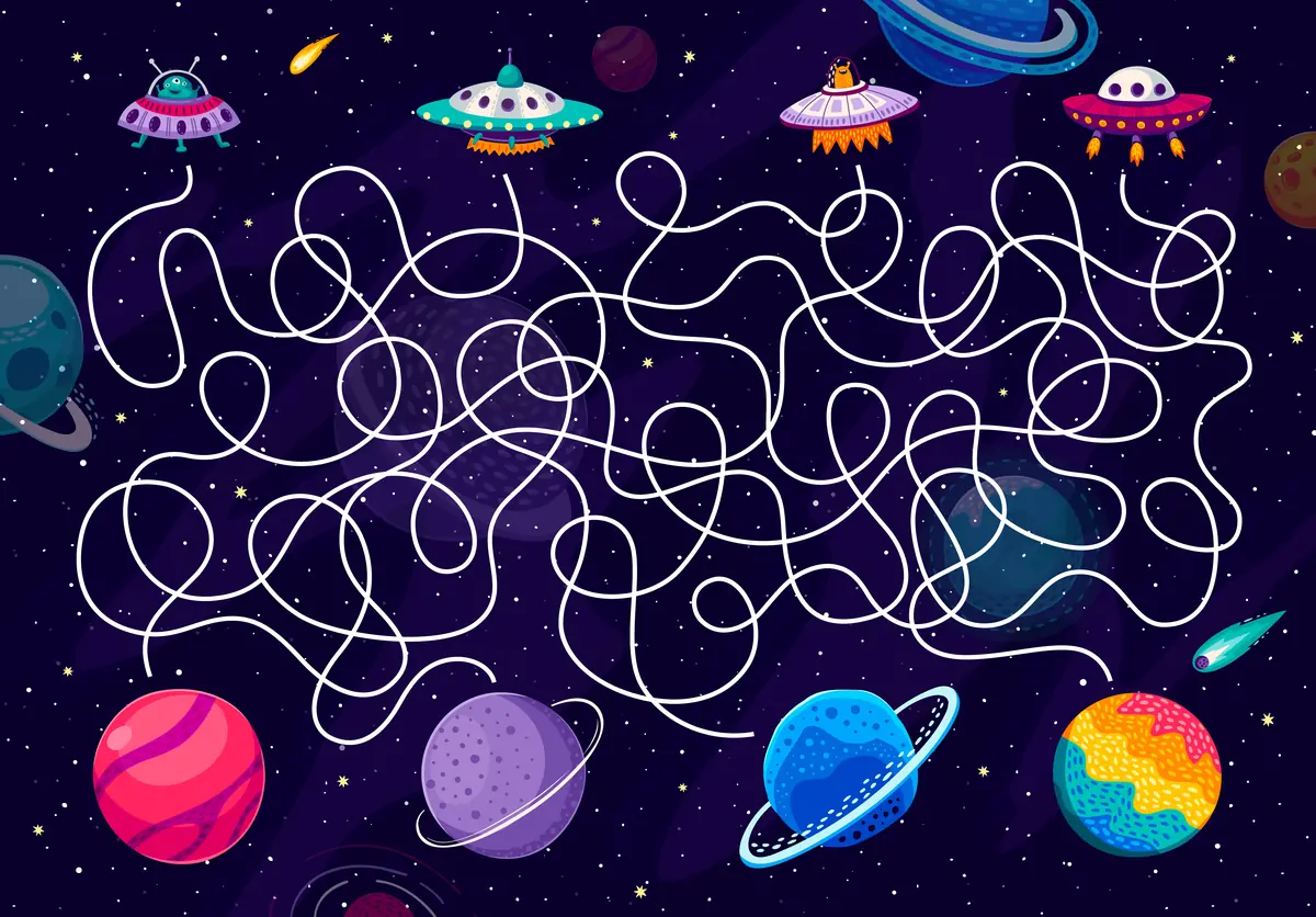 Labyrinthe espace quatre ovnis quatre planetes galaxie etoiles a imprimer