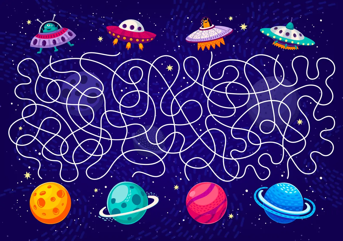 Labyrinthe espace avec quatre ovnis colores et quatre planetes a relier a imprimer