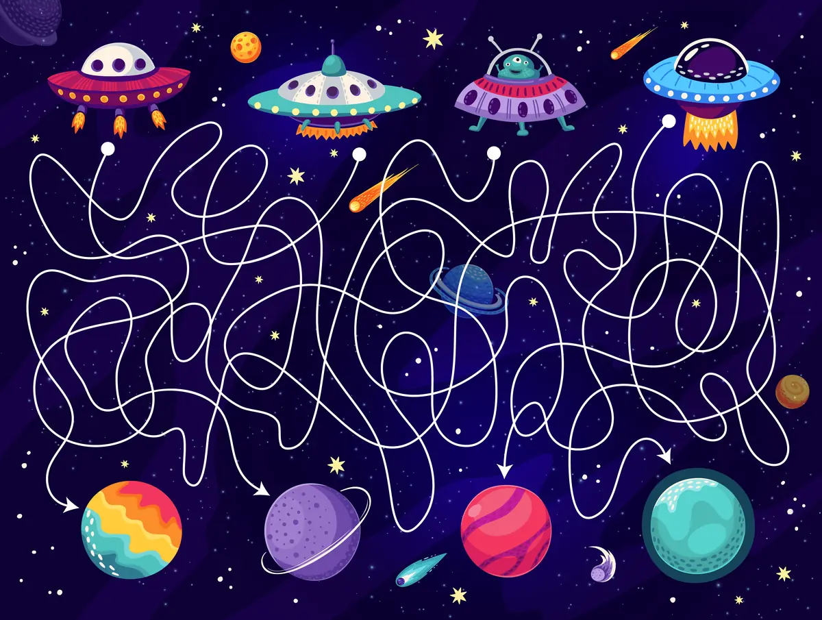 Labyrinthe espace quatre soucoupes volantes vers quatre planetes colorees a imprimer