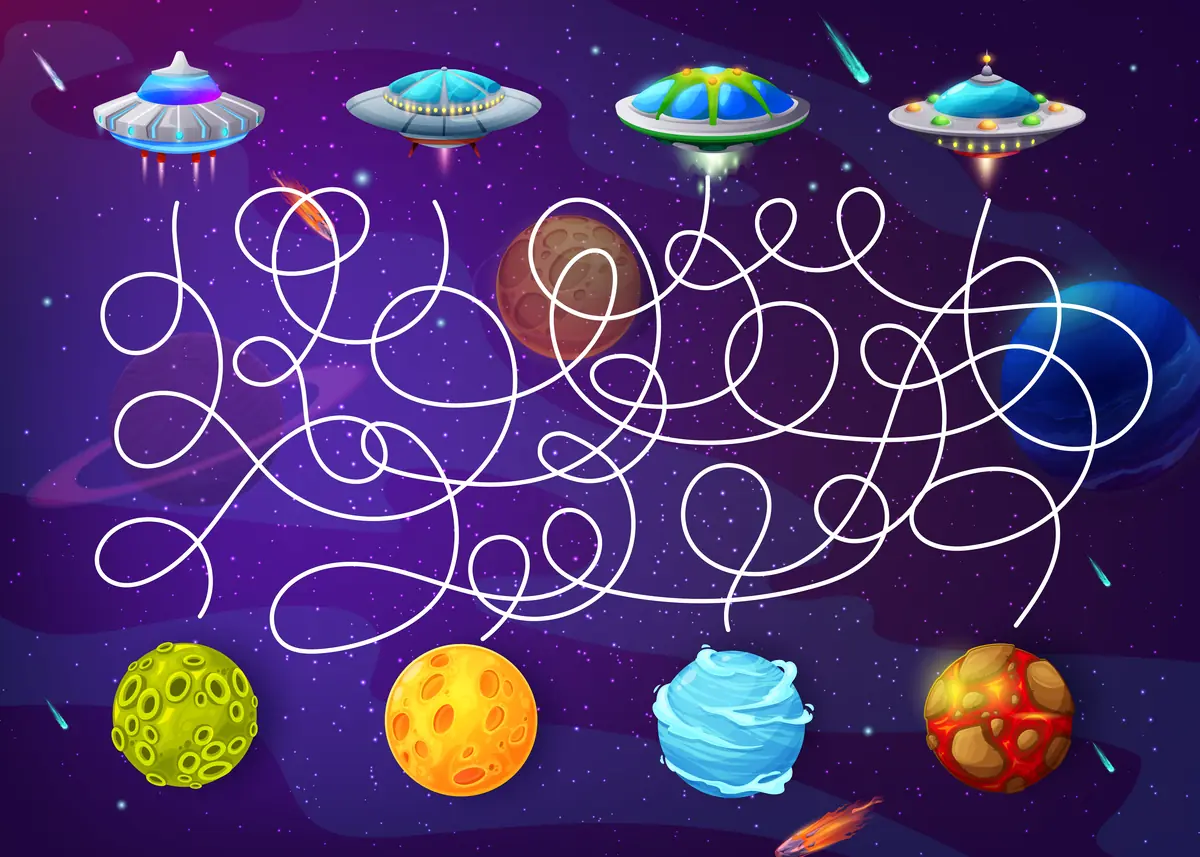 Labyrinthe espace quatre soucoupes volantes a relier aux planetes colorees a imprimer