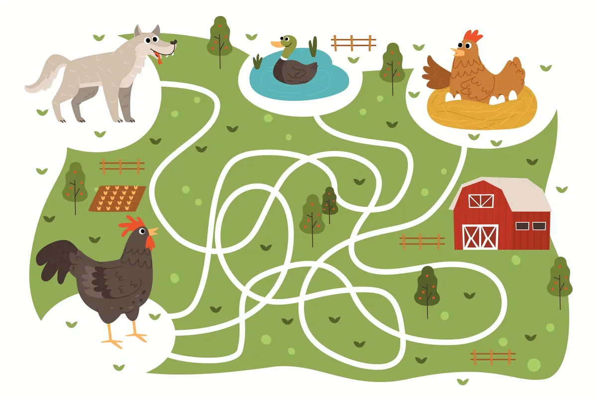 Labyrinthe en couleur poule qui rejoint canard ou loup à la ferme à imprimer