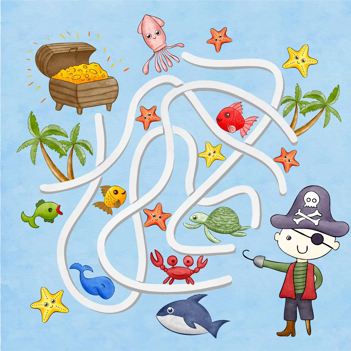 Labyrinthe pirate en couleur avec coffre au tresor poissons et baleine a imprimer