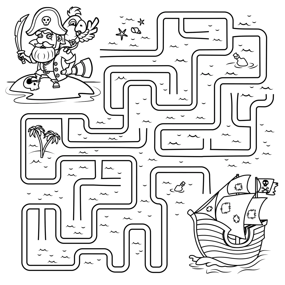 Labyrinthe pirate noir et blanc avec capitaine perroquet ile et navire a imprimer