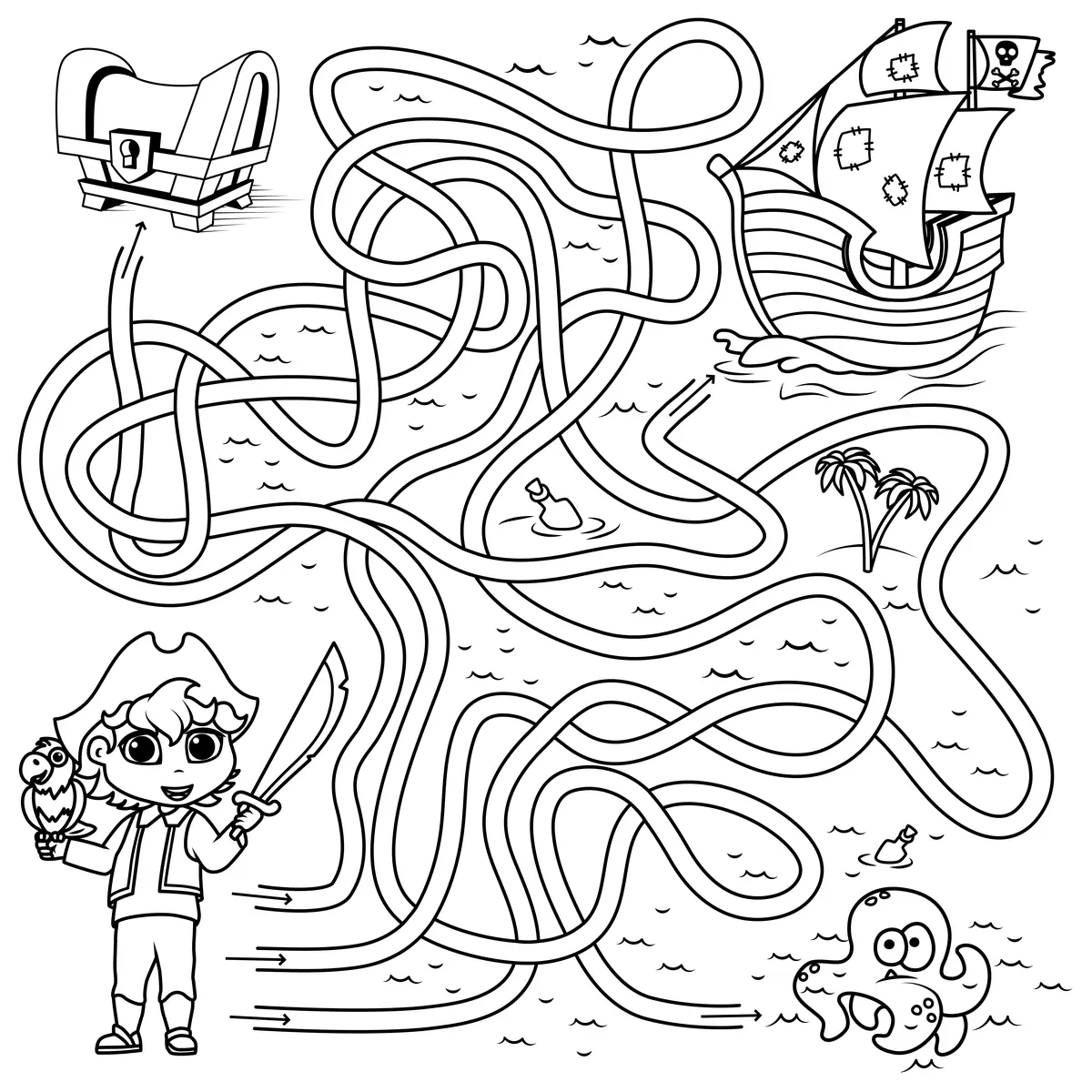 Labyrinthe pirate enfant avec sabre perroquet bateau pirate et coffre a imprimer