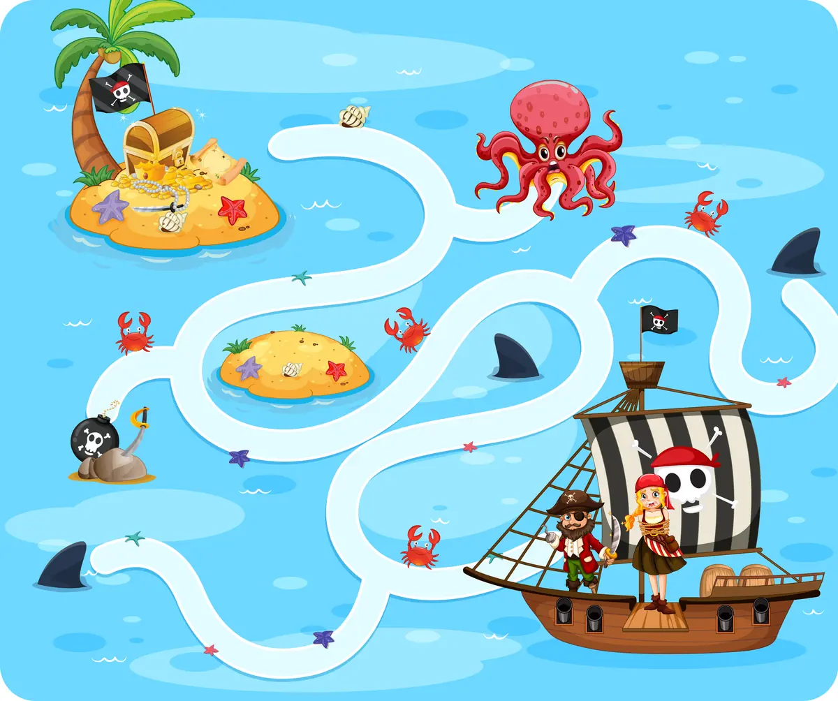 Labyrinthe pirates en couleur navire pirate ile au tresor pieuvre rouge requins a imprimer