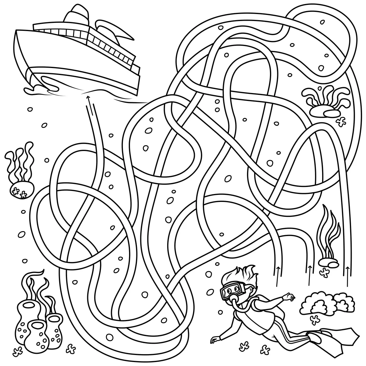 Labyrinthe sous marin plongeur masque bouteilles vers bateau coraux algues a imprimer