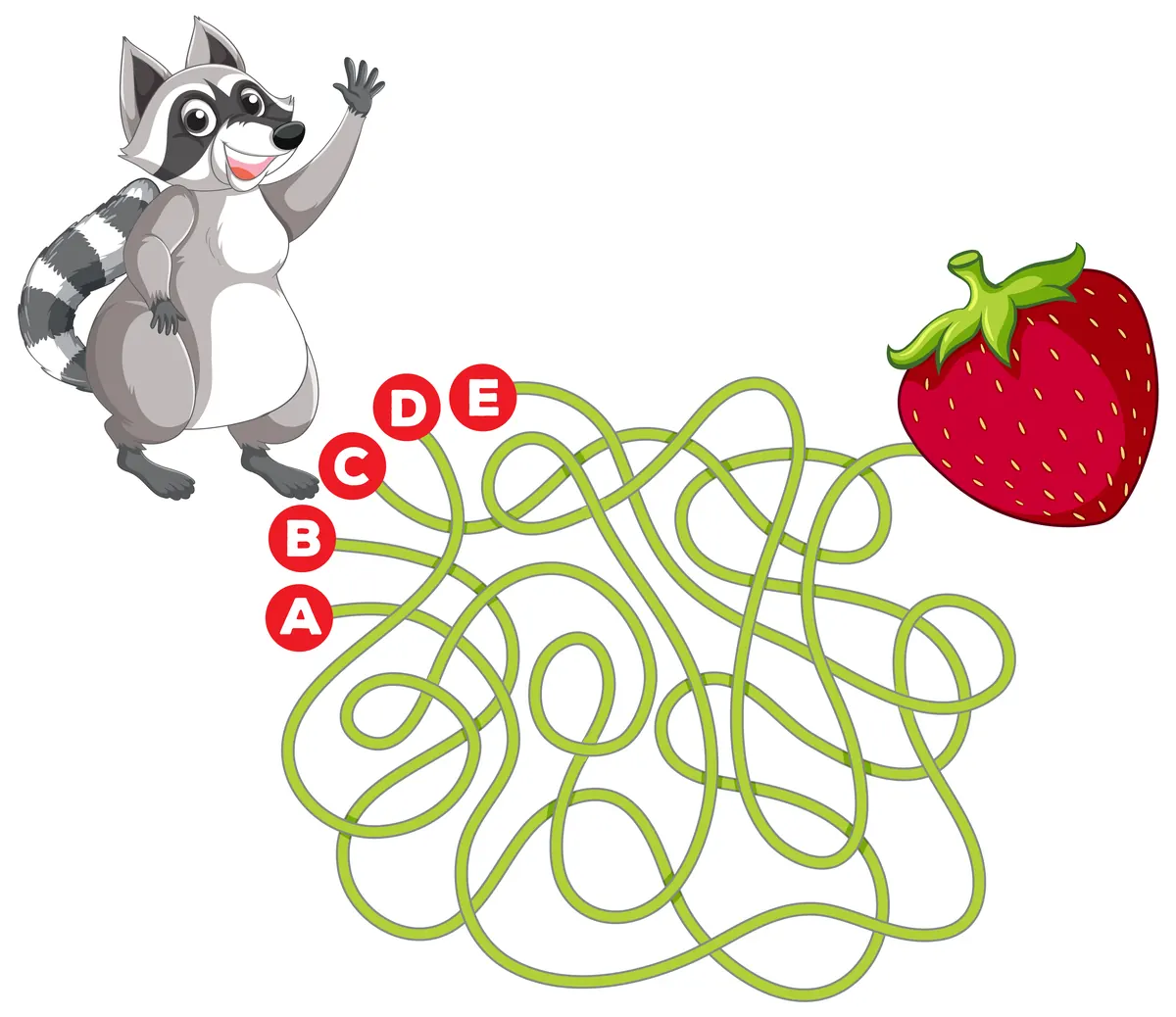 Labyrinthe en couleur raton laveur 5 chemins ABCDE pour atteindre la fraise à imprimer