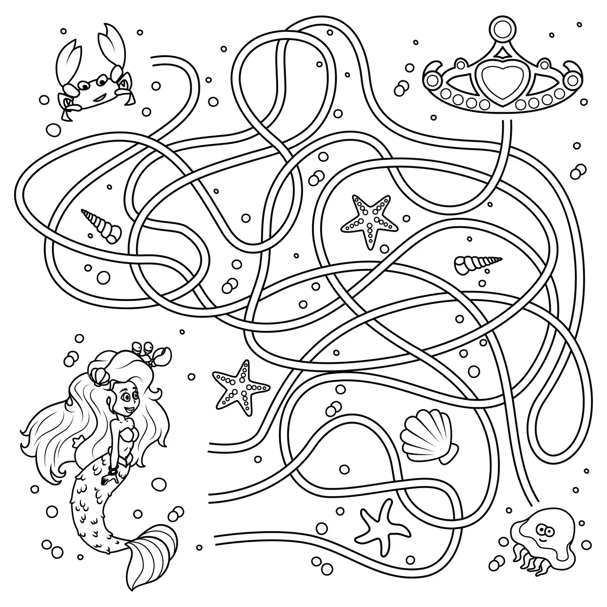 Labyrinthe sirene cheveux longs avec etoiles de mer crabe coquillages diademe a imprimer