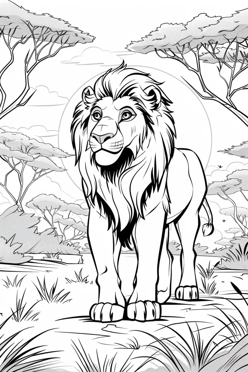 Coloriage lion réaliste debout entre des acacias dans la savane à imprimer