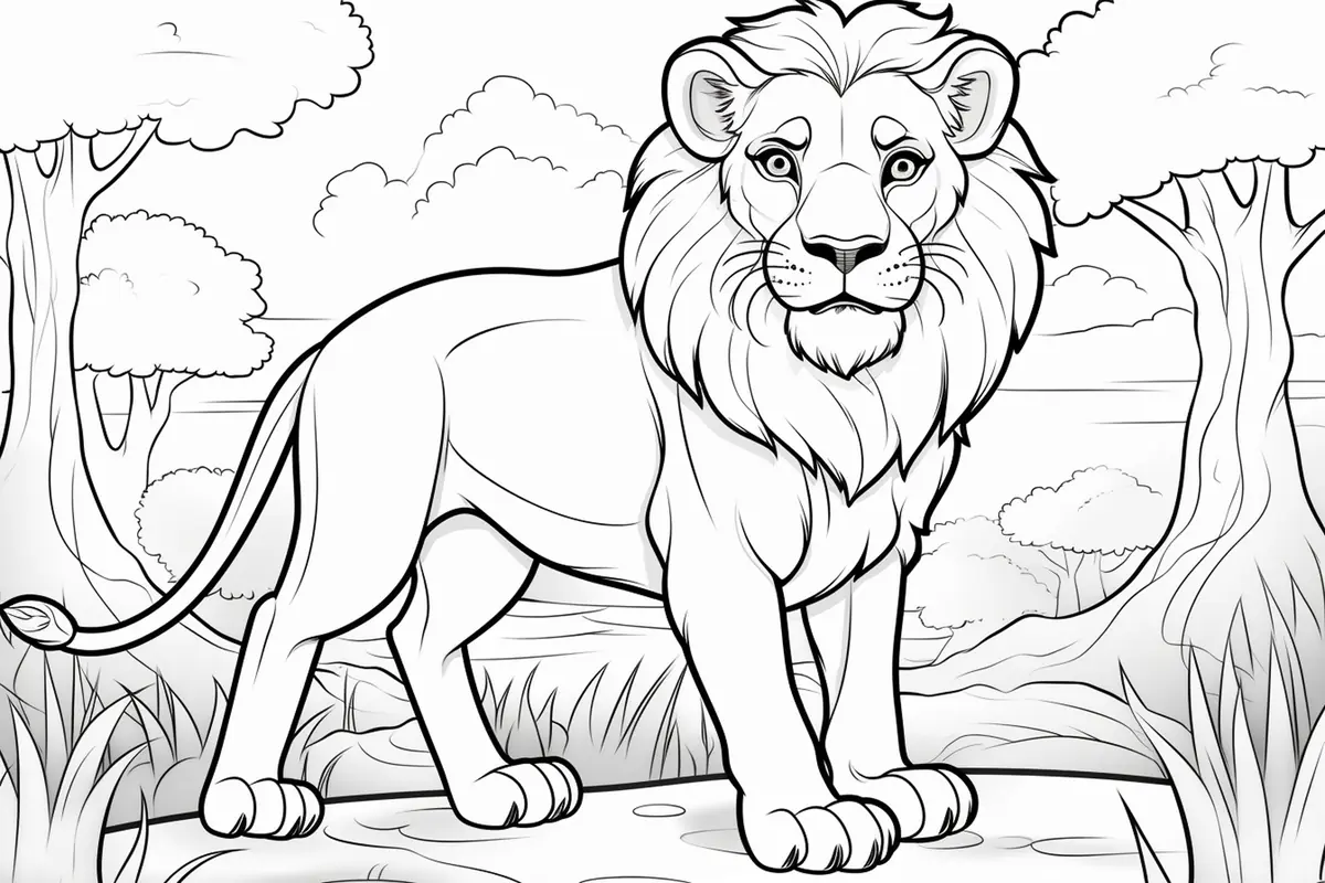 Coloriage lion réaliste qui marche dans la jungle entre les arbres à imprimer