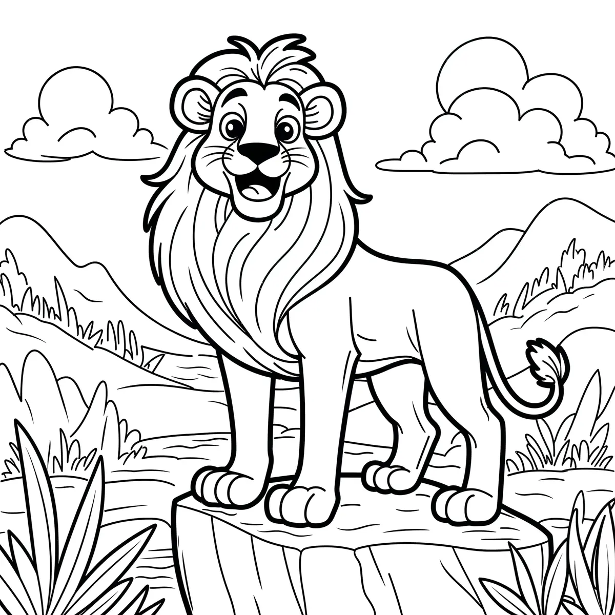 Coloriage lion cartoon debout sur un rocher devant des collines à imprimer