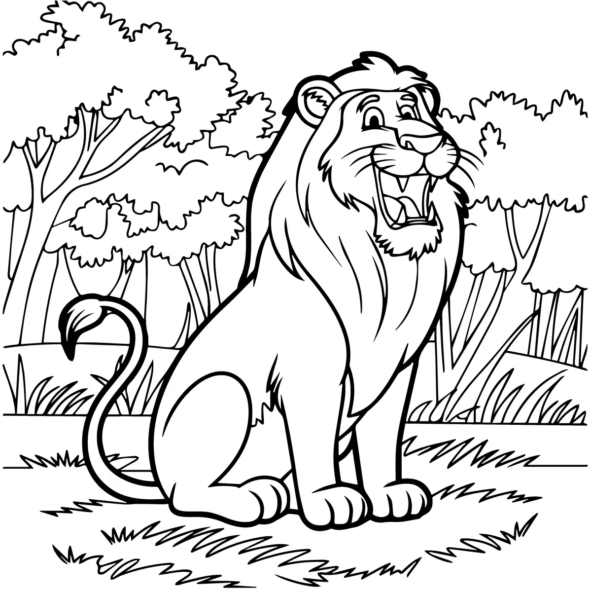 Coloriage lion cartoon qui rugit assis dans la jungle à imprimer