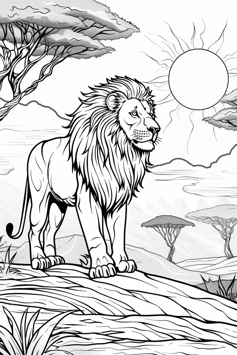Coloriage lion réaliste devant un soleil couchant et acacias à imprimer