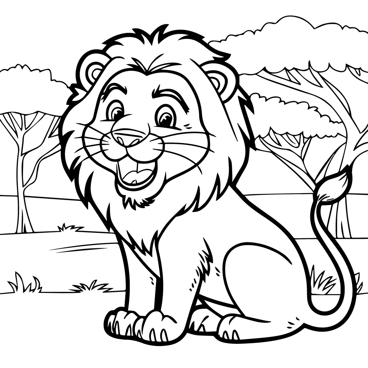 Coloriage lion cartoon souriant assis dans la savane à imprimer