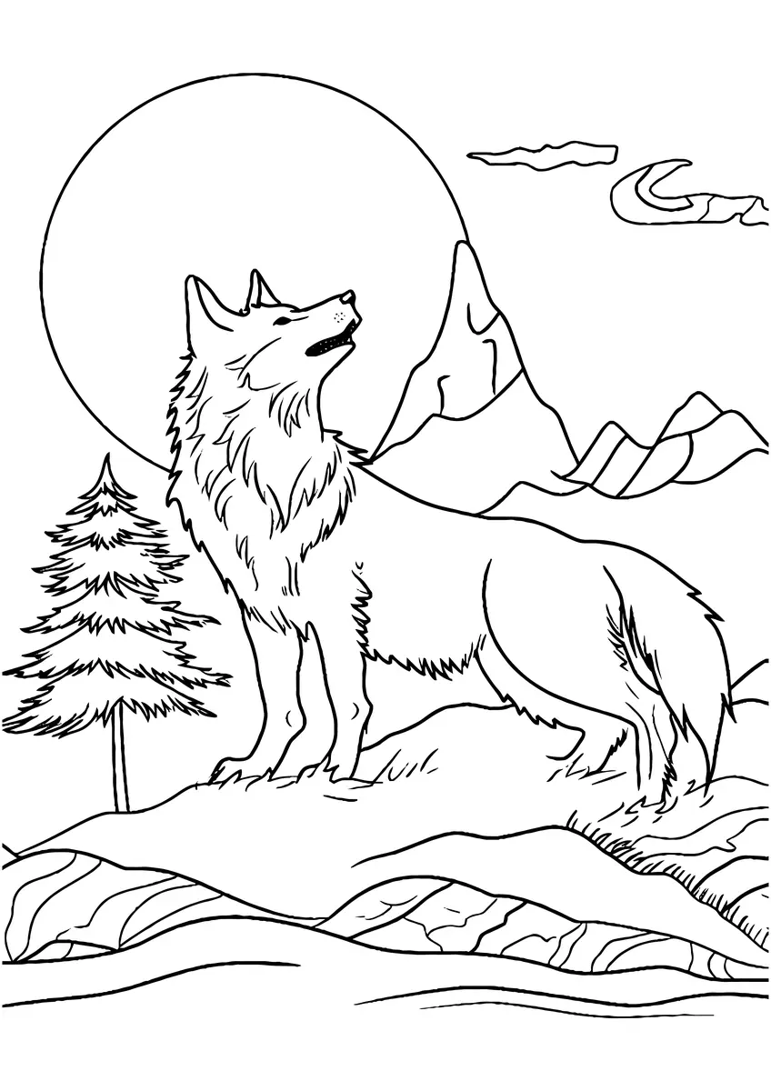 Coloriage loup au sommet des montagnes sous un croissant de lune a imprimer