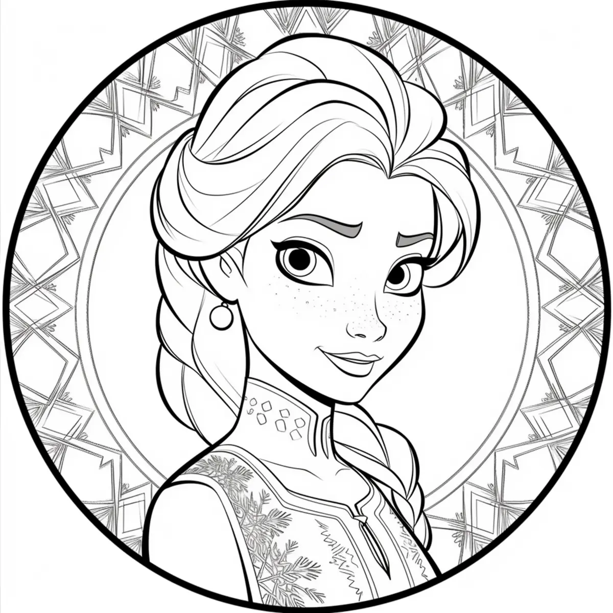 Coloriage mandala Elsa entouré de flocons à imprimer