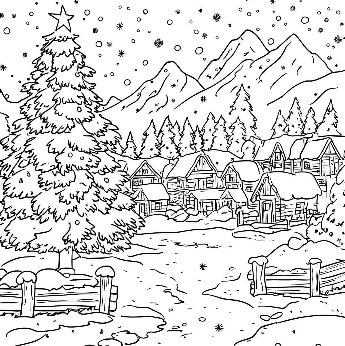 Coloriage forêt de grands sapins et village dans la montagne à imprimer