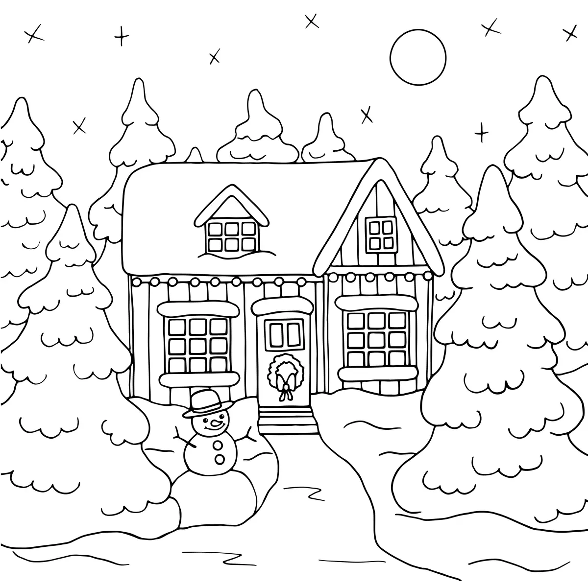 Coloriage maison de Noël illuminée avec bonhomme de neige à imprimer