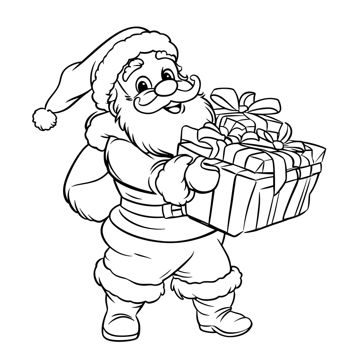 Coloriage Père Noël portant une pile de cadeaux à imprimer