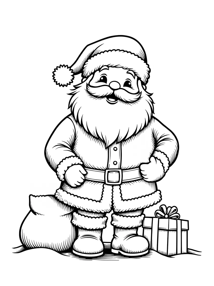 Coloriage Père Noël debout avec son sac de cadeaux à imprimer