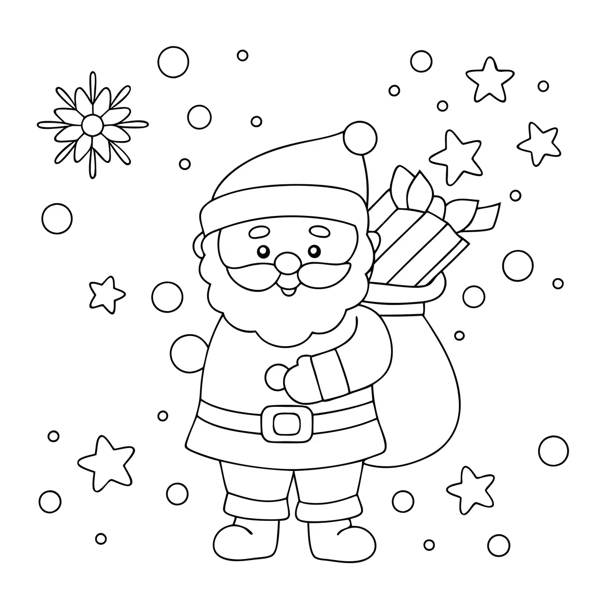Coloriage Père Noël kawaii avec son sac et étoiles à imprimer