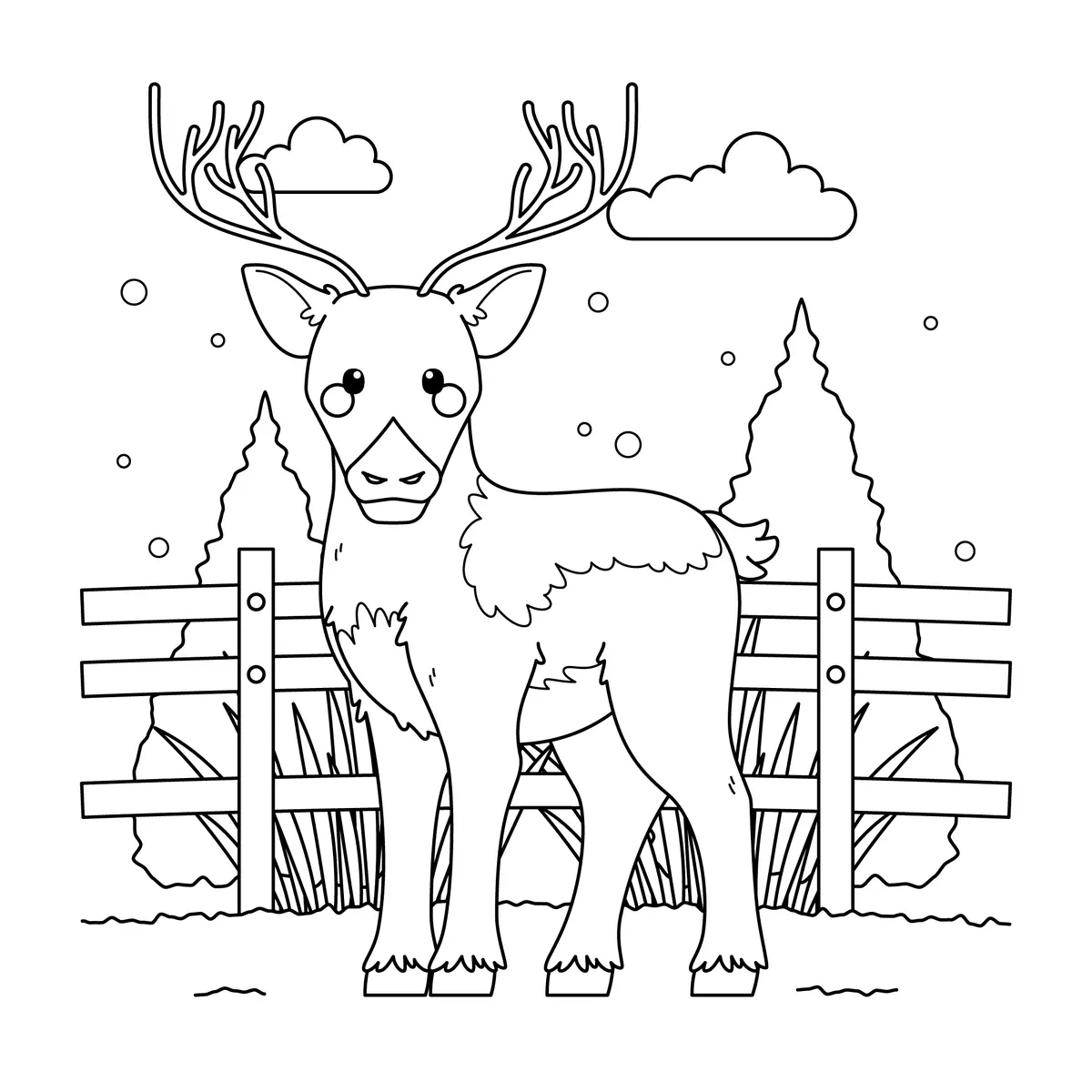 Coloriage renne de Noël dans la forêt enneigée à imprimer