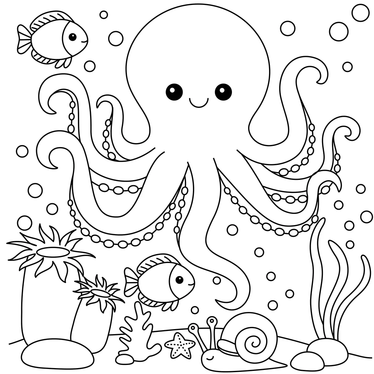 Pieuvre kawaii entourée de poissons et d'anémones à imprimer