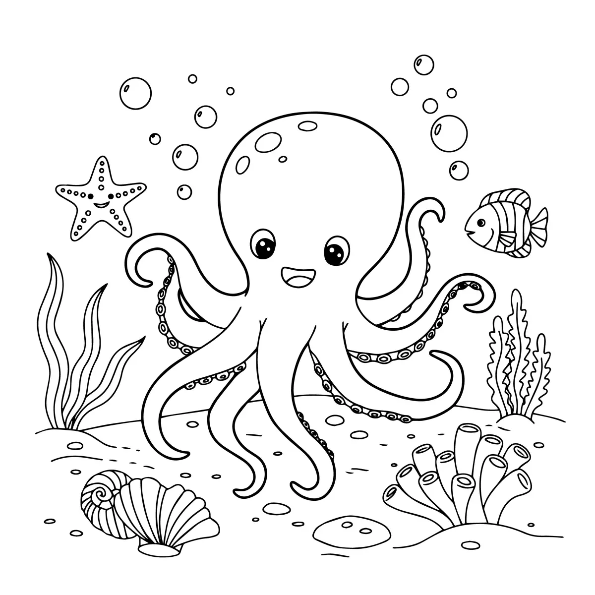 Pieuvre entourée de coquillages et d'étoiles de mer à imprimer