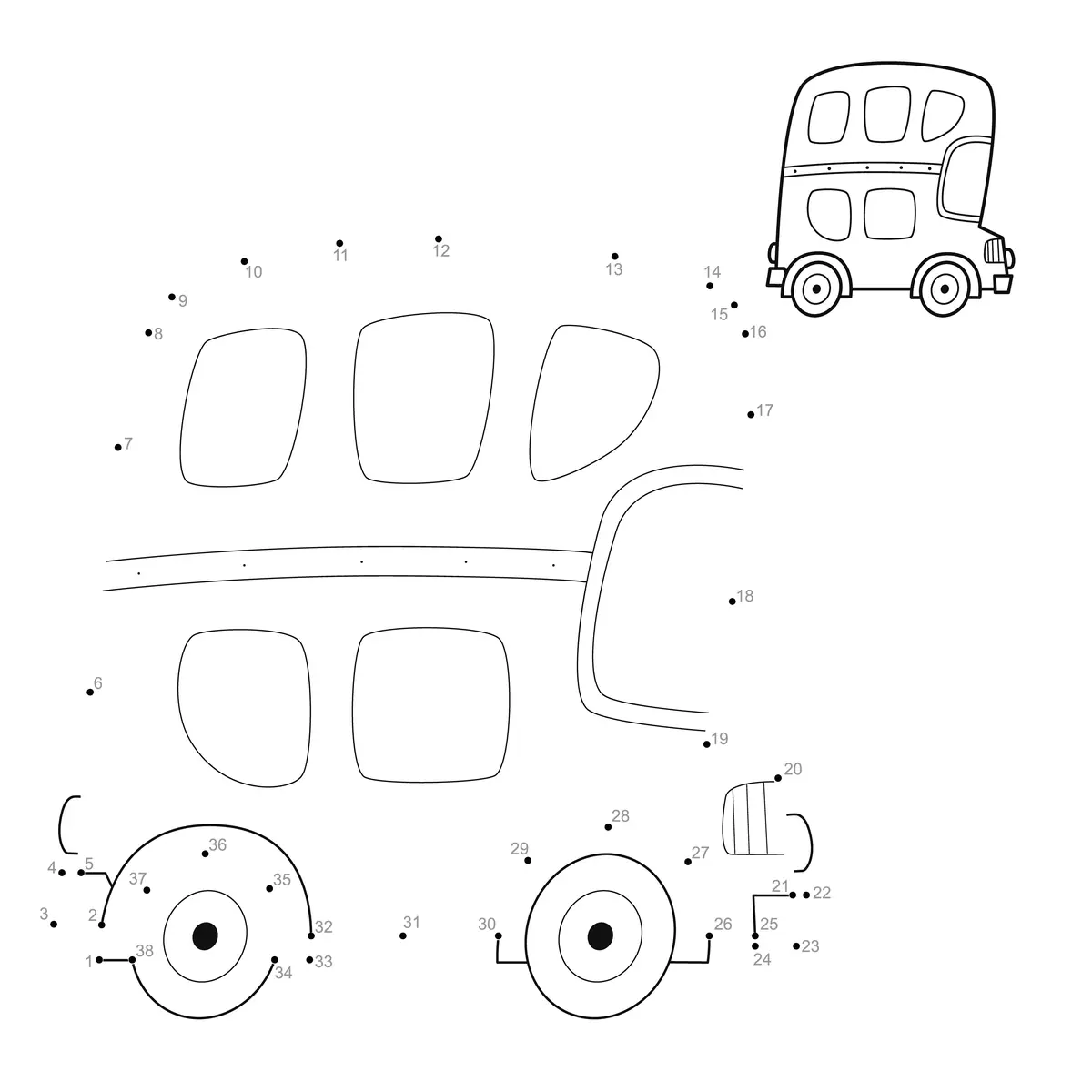 Points à relier bus à impériale double étage à imprimer