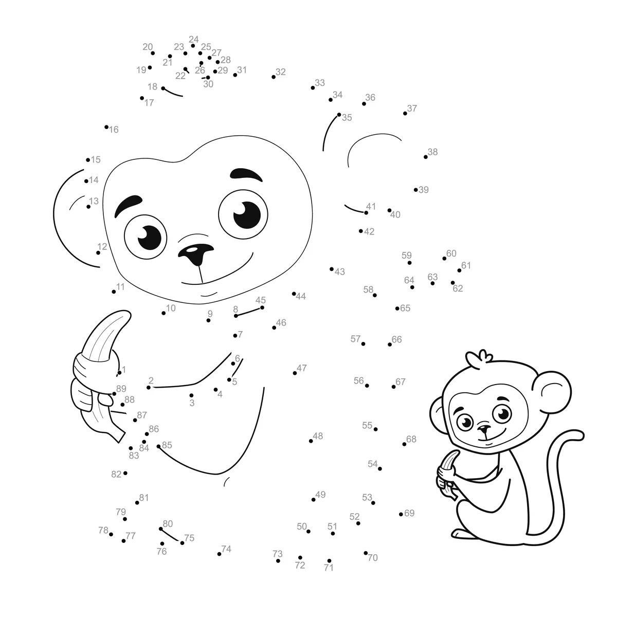 Points à relier singe avec une banane à imprimer