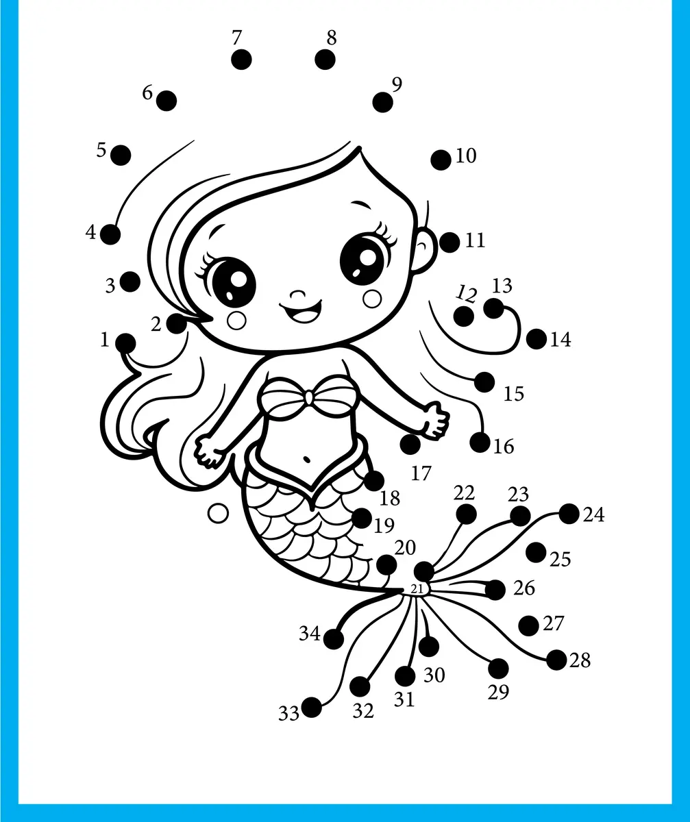 Points a relier sirene kawaii de 1 a 34 a imprimer