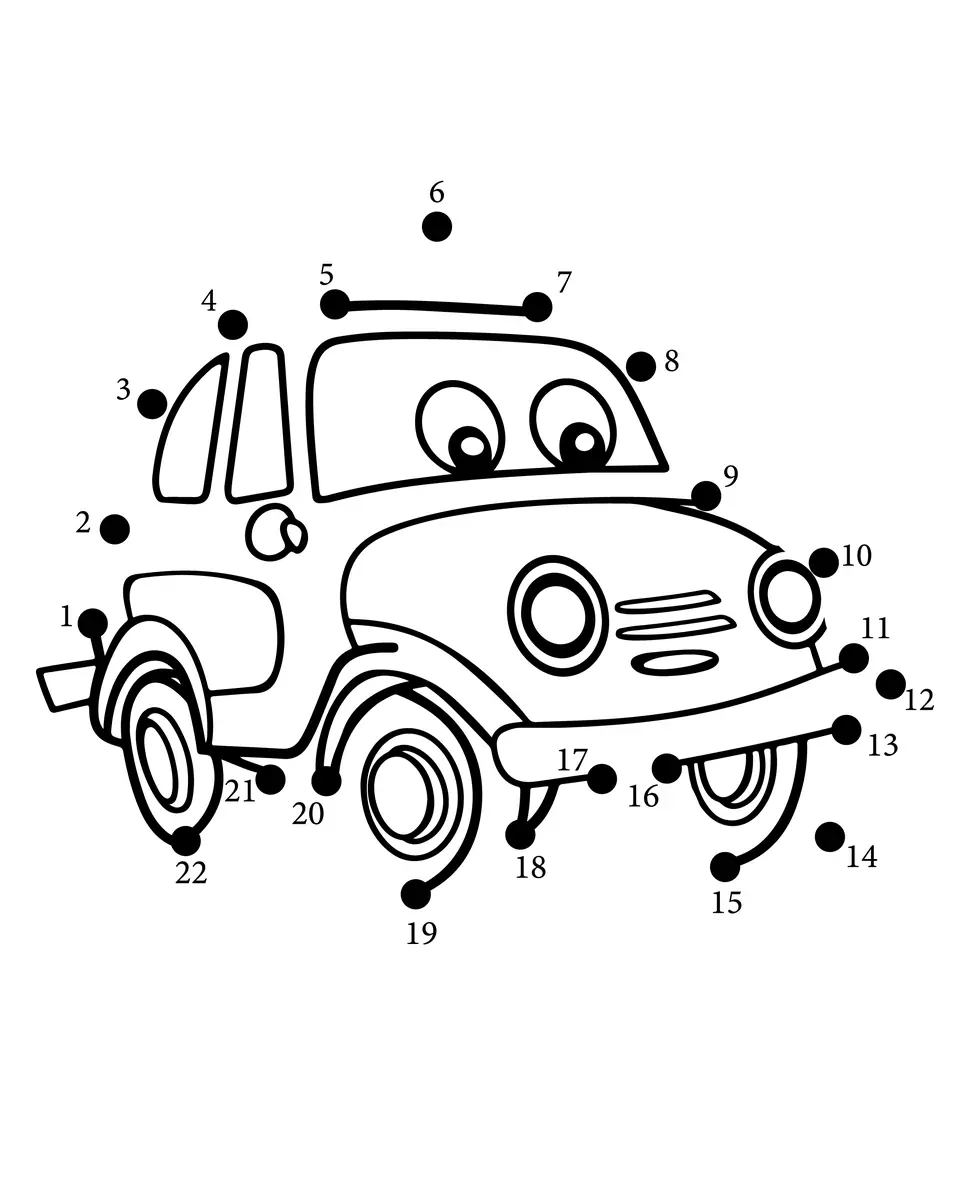 Points à relier 1 à 22 voiture cartoon à imprimer