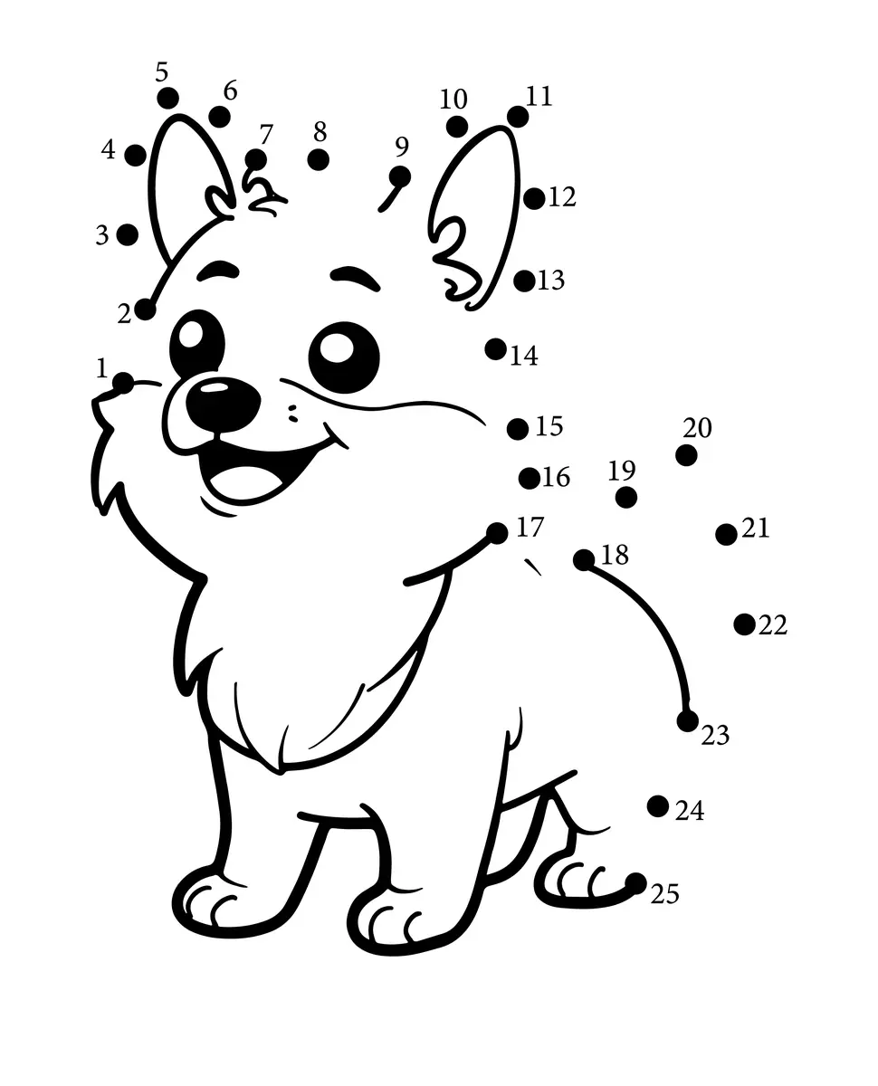 Points à relier 1 à 25 chien mignon à imprimer