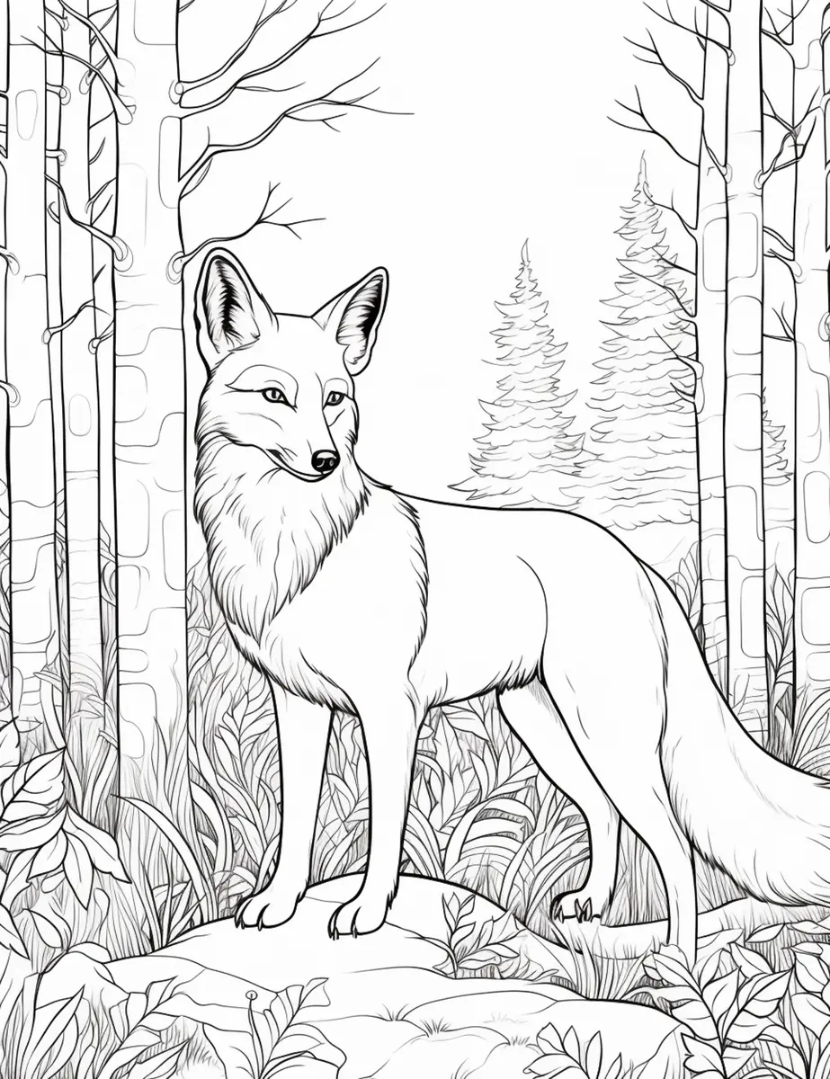 Coloriage renard adulte debout dans une forêt de sapins à imprimer