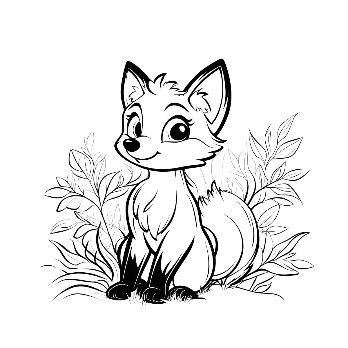 Coloriage renard cartoon mignon entouré de feuilles à imprimer