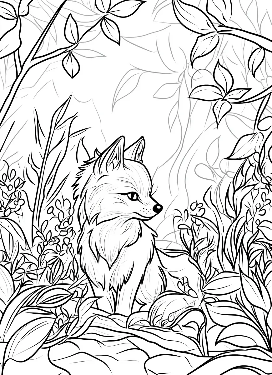 Coloriage renard au milieu des feuillages denses a imprimer