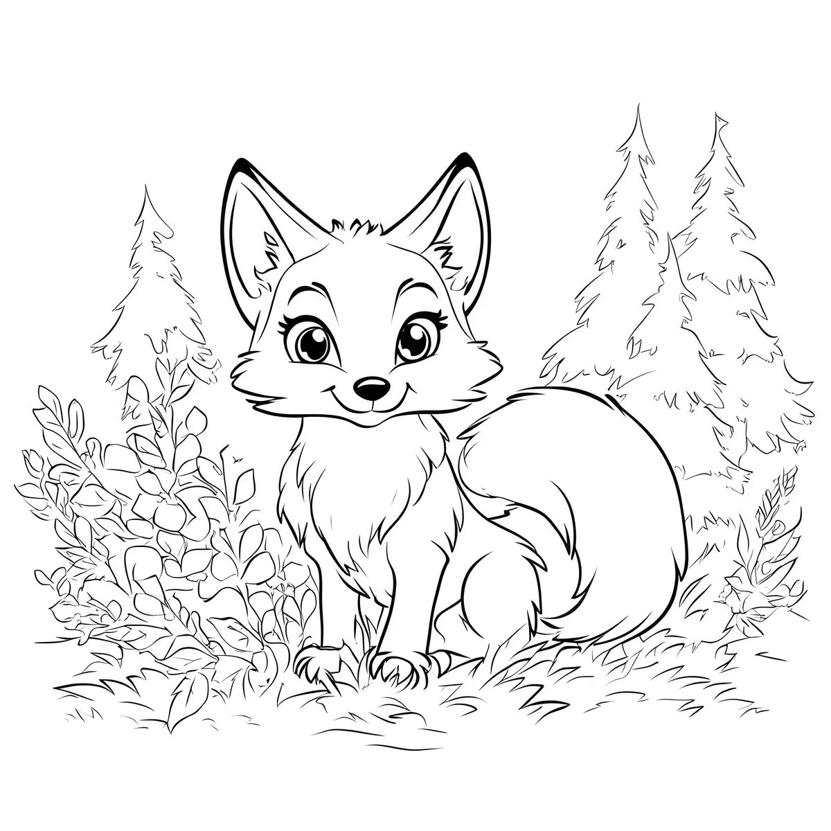 Coloriage petit renard mignon assis dans une forêt de sapins à imprimer