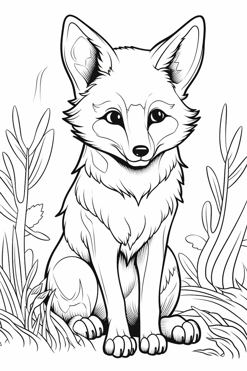 Coloriage renard assis dans les herbes sauvages a imprimer