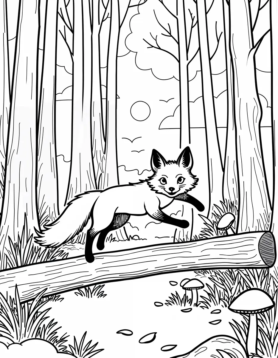 Coloriage renard qui saute par-dessus un tronc dans la forêt à imprimer
